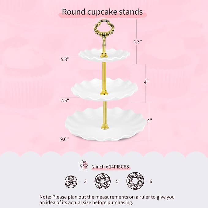 Pack of 11 NWK Cake Stand Set, with 3 x Two-Tier and 3 x Three-Tier Cupcake Stands, 4 x Appetizer Trays, 1 x Tablecloth for Birthday Bridal Baby Shower Party (Gold)