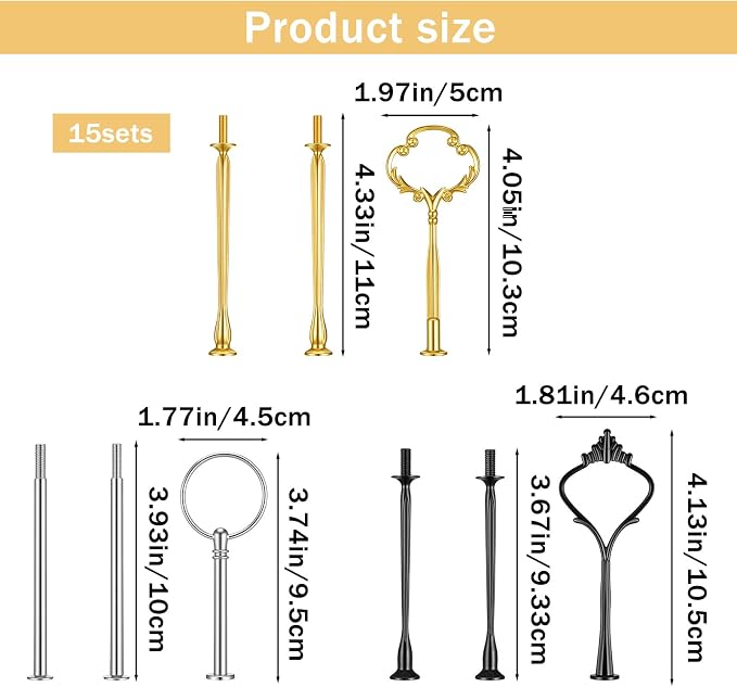 15 Set 3 Tier Cake Stand Hardware Tiered Tray Plates Hardware Kit, Heavy Metal Cake Fruit Food Plate for Wedding Party Fruit Plate Handle Dessert Cupcake Trays Serving Stand(Gold Silver Black)