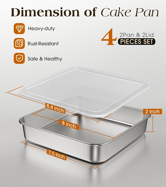 8 x 8-Inch Baking Pan with lid, 304 Stainless Steel Square Cake Pan, Bakeware for Cakes Brownies Casseroles, Thicker Rectangle Sheet Cake Pans, Non-toxic & Heavy Duty & Dishwasher Safe - Set of 2