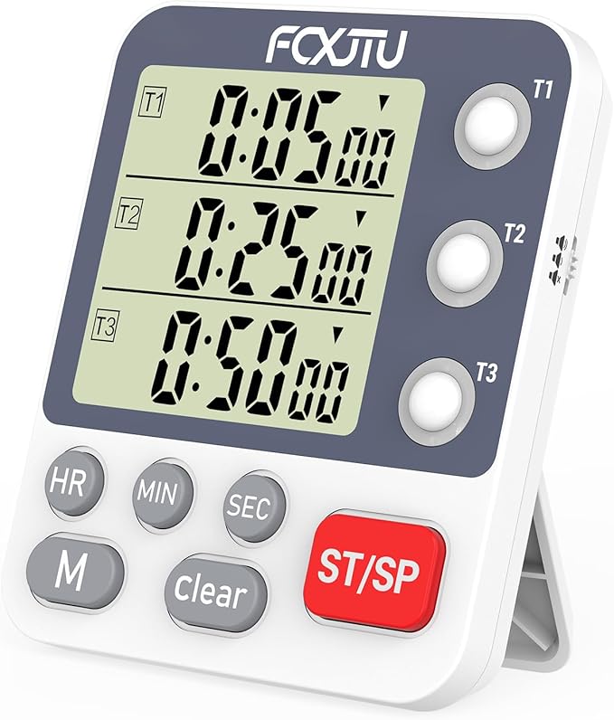 Digital Dual Kitchen Timer, 3-Channel Magnetic Countdown Stopwatch Timer for Cooking, Large Display, Loud Alarm, 100Hr Multi Food Classroom Timer for Seniors & Teachers (Battery Included)