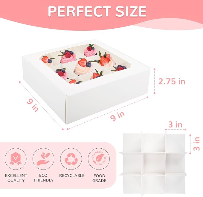 Zealax 9 Inch Bakery Boxes with Window and Dividers Cookie Packaging Treat Boxes for Mini Cupcakes, Chocolate Covered Strawberries, Brownies, and Small Treats for Gift Giving∣Pack of 6, 9x9x2.75 inch