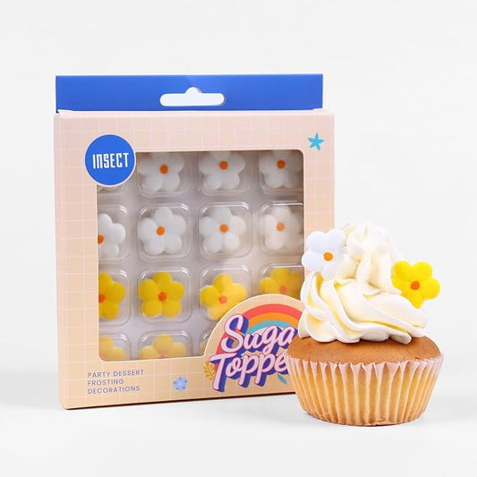 Edible Flowers for Cakes: 16 yellow and white sugar flowers for cake decorating, ready to use for cupcakes, brownies, pastries, and candies. The size is about 0.87 inches wide