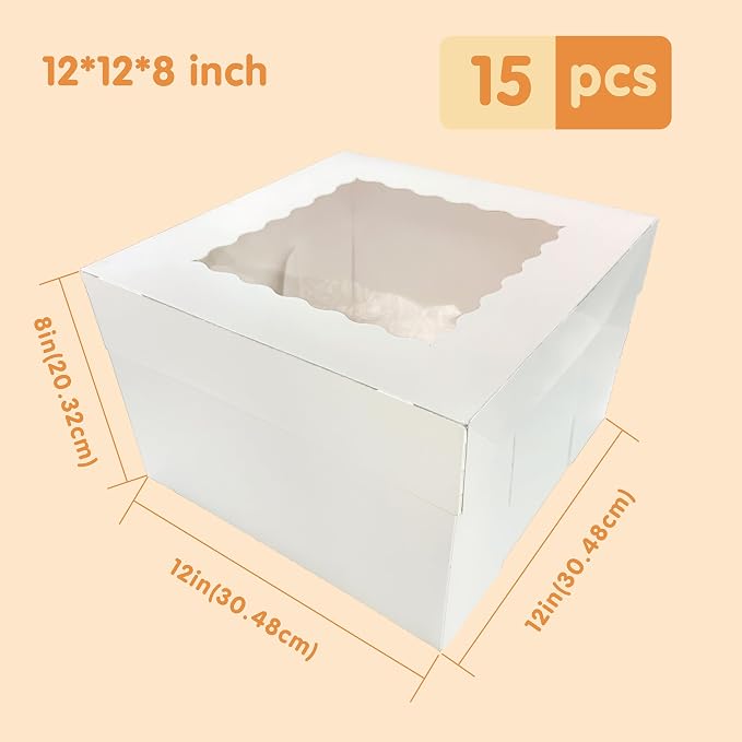 15 Pcs Cake Boxes,12x12x8 Inches White Bakery Boxes with Window,Tall Dessert Boxes,Cookie Boxes for Multi-Layer Cakes,Cake Containers for Birthday,Party,Valentine’s Day by GBF