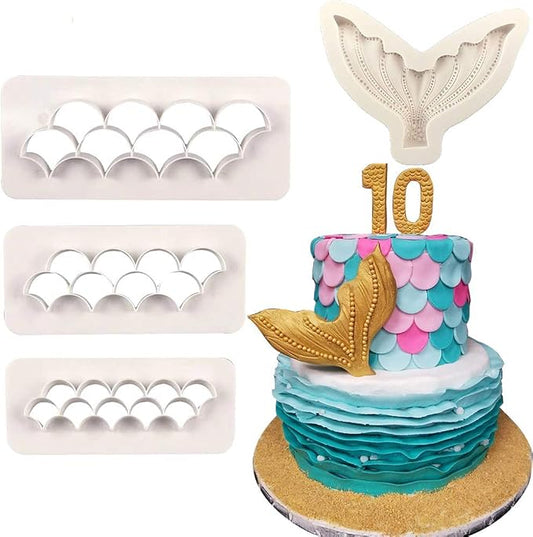 4Pcs/Set Mermaid Tail Silicone Fondant Mold & Scale Fondant Cutter, Fish Scales Pattern Geometric Embossing Biscuit Cookie Cutter DIY Mermaid Birthday Party Cake Decorating Supplies