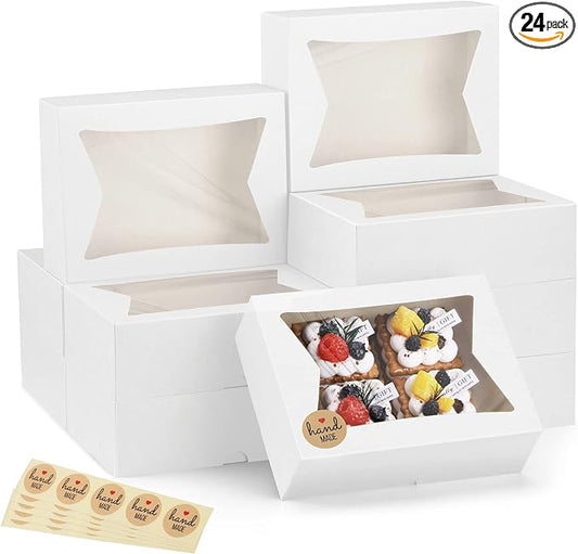 Eupako Cookie Boxes with Window 8x6x2.5 Inhces, 24pcs Auto-Popup White Treat Boxes for Bakery, Donuts, Candy, Pastry,Cupcakes, Biscuits, Chocolate Strawberries