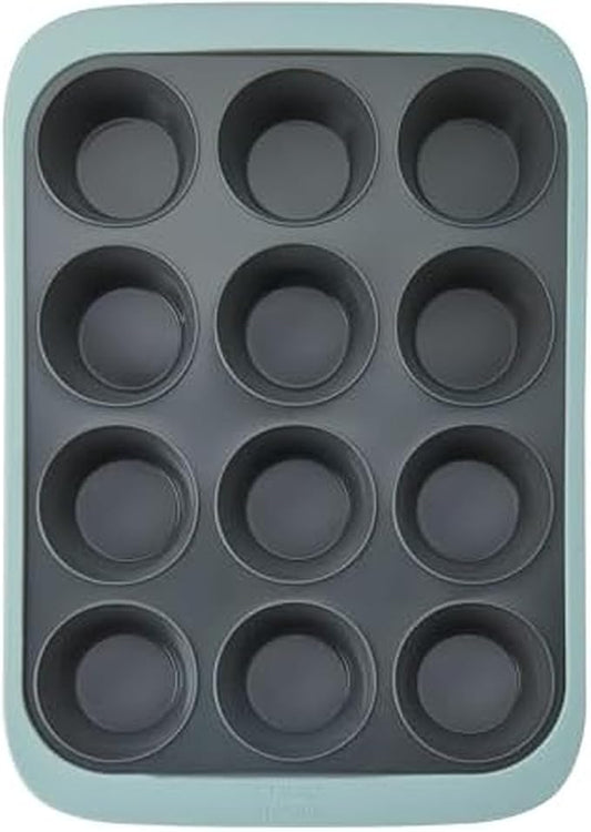 Chicago Metallic 12-Cup Silicone Muffin Pan, Blue - Nonstick Cupcake Baking Pan with Wire-Reinforced Rim, Oven Safe to 428F, Dishwasher Safe, 14.6 x 10.43 Inches