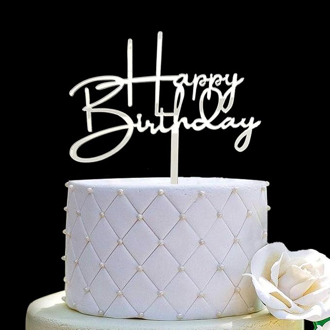 Happy Birthday Cake Topper for Birthday Party Decorations - Mirror Silver Acrylic