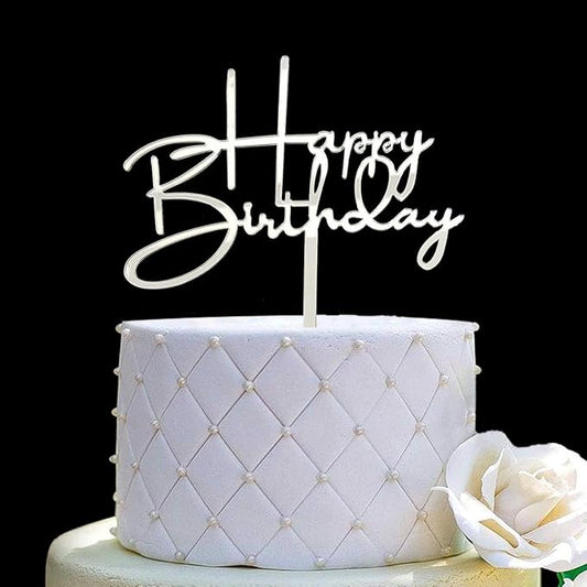Happy Birthday Cake Topper for Birthday Party Decorations - Mirror Silver Acrylic