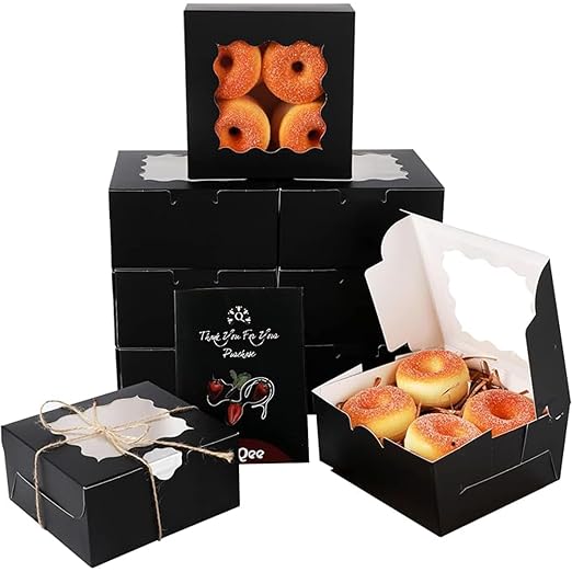 qiqee Black Cookie Boxes with Window 100packs 6x6x3 Black Bakery Box Pastry Box for Wedding Favor Birthday ＆ Party
