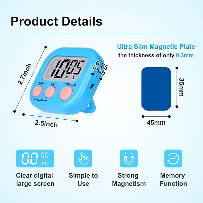 12 Pack Magnetic Digital Timers for Classroom & Kitchen – Loud Alarm Countdown Timer for Kids, Teachers, Cooking, Exercise – Large Display, Easy 3-Button Operation, Multi-Color
