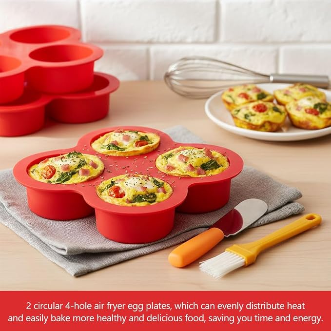 2 Pack Air Fryer Egg Bite Molds, 4 Cups Mini Round Muffin Pans, Silicone Egg Bite Molds with Spreader＆Oil Brush Nonstick Air Fryer Baking Pan for Cupcake, Muffin, Tart, Frittata, Quiche