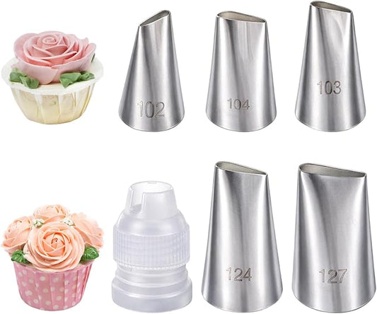 6 Pcs Large Piping Tips Frosting Piping Kit Stainless Steel Cake Decorating Tips Pastry Icing Tip Nozzles Pastry Bags Tip Baking Tools for Cupcakes Cookies Buttercream Supplies with Coupler