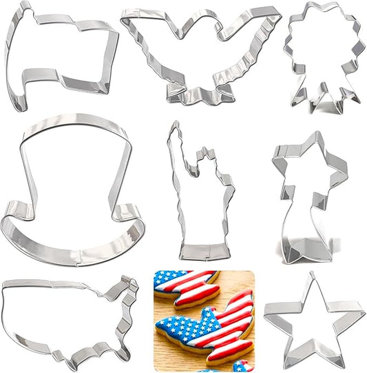 4th of July Cookie Cutters 8Pcs Large Size, National Shapes Metal Biscuit Fondant Cutters for Celebration, Hat Map Flag Eagle Star Cookie Molds Set