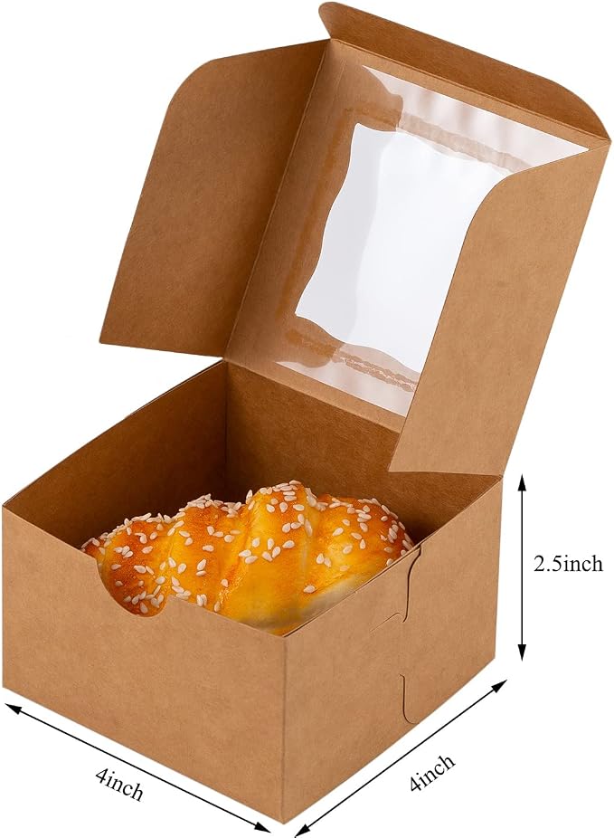100Pcs Paper Cookie Boxes With Window Small Bakery Boxes 4x4x2.5 Inches Mini Cake Boxes For Pastries,Cupcakes,Desserts,Donuts,Chocolate Strawberries,Candy,Treat Boxes(4 * 4 * 2.5,Brown)