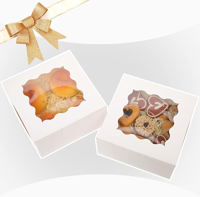 Bakepacker 60pcs White Bakery Boxes with Window 6x6x3 inches Thick & Sturdy Macaroon Pastry & Cookie Boxes