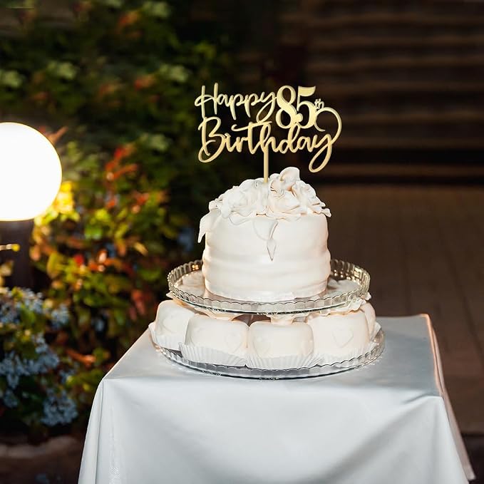 Happy 85th birthday cake Topper,Mirrored Gold Acrylic Durable Cake Topper,85th Birthday Party Cake Decorations,Hello 85th years old, Happy eighty-five years old, Birthday Party Decorations
