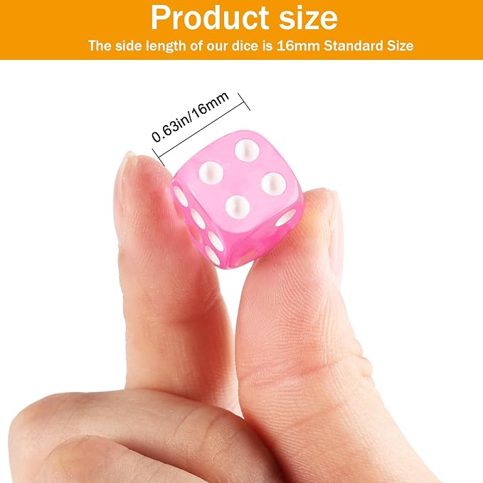 24 of Pack 16MM 6 Sided Dice Set,Translucent Colors D6 Game Dice Set, 6 Sided Standard Dices for Yahtzee, Bunco or Teaching Math,with Portable Dice Pouch(Pink)