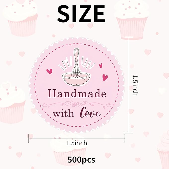 Pink Bakery Use Baked with Love Stickers, 1.5 inch 500 PCS, Heart & Letter Print, Waterproof, Matte Finish, Traditional & Vintage Style, Perfect for Baked Goods, Small Businesses
