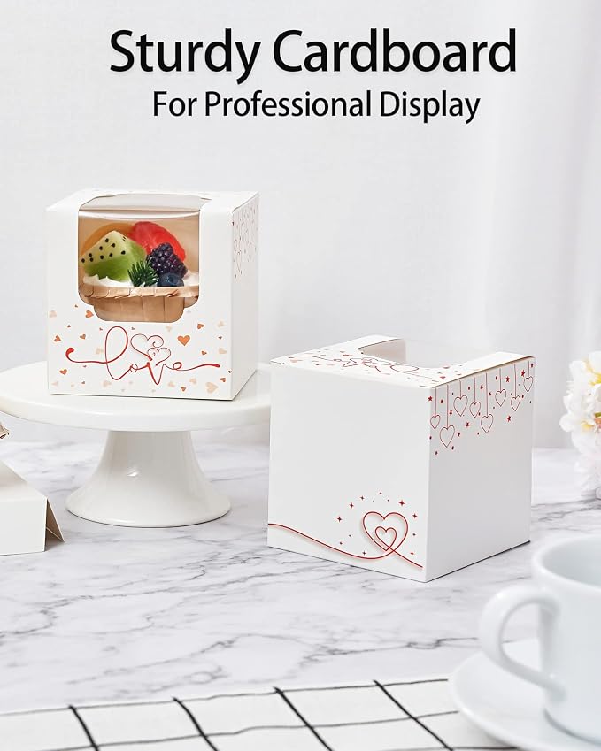 Cupcake Boxes Individual White and Red with Heart and Insert, Pre-assembled Individual Cupcake Containers with Clear Window 50 Pack for Wedding Favors