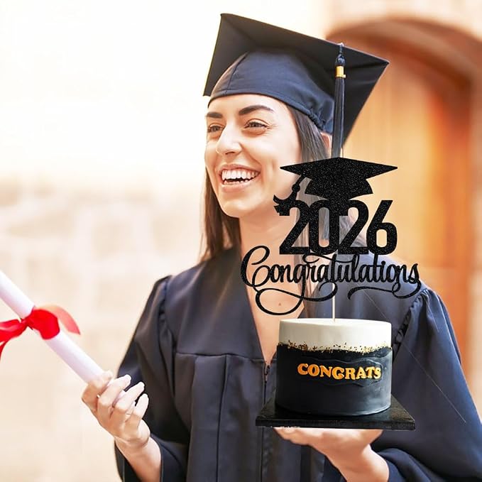 Black Glitter 2026 Congratulations Graduation Cake Topper,Congrats Grad Cake Decor - 2026 High School/College/Senior Graduation Party Decorations Supplies (2026Congratulations black)