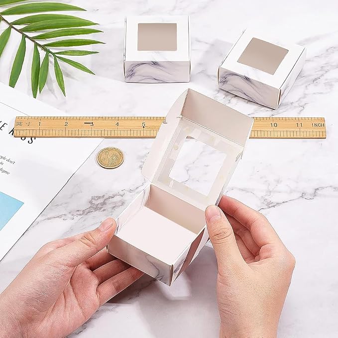 BENECREAT 30 Pack of Marble Cookie Boxes 6.5 x 6.5 x 3 cm with Window White Bakery Treat Boxes for Sweets, Small Objects