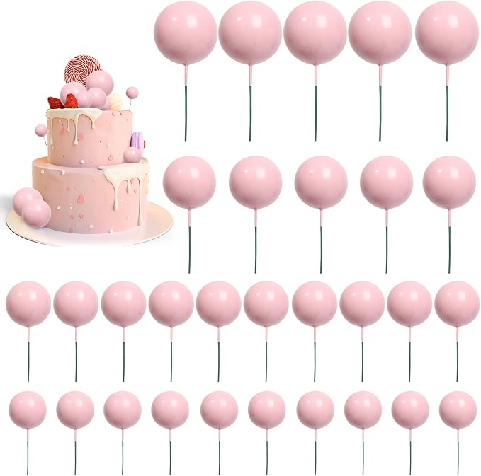 30 PCS Balls Cake Topper DIY Cake Insert Toppers Ball Cake Picks Cupcake Topper for Birthday Party Baby Shower Wedding Cake Decoration（Pink）