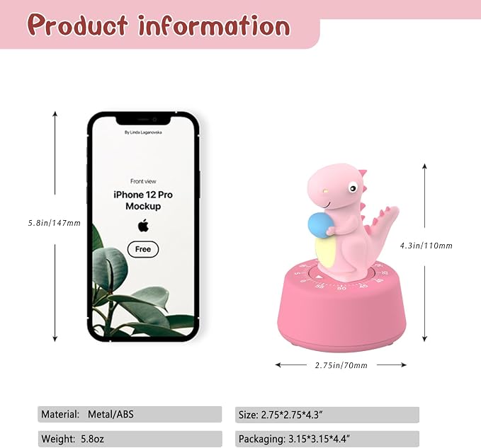 ELE DEPI 60 Minutes Mechanical Kitchen Timer,Cute Dinosaur Timer for Kids,Wind Up Egg Timer for Cooking,Reading,Classroom and Do Sports. (Pink)