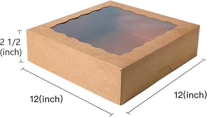 ONE MORE 12inch Kraft Bakery Cookie Boxes, 12x12x2.5inch Large Pie Boxes with PVC Window Natural Disposable Box for Cookie, Pack of 12