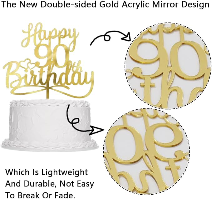 Sleyberoy Acrylic Happy 90th Birthday Cake Topper- Hello 90,Cheers to 90 Years,90th Anniversary/Birthday Party、 men and women Happy ninety Birthday Selected cake decoration(90th)