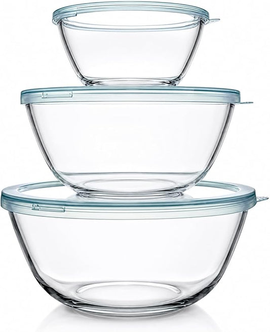 Luvan Glass Mixing Bowls with Lids Set(4.5QT, 2.7QT, 1.1QT)-Large Glass Mixing Bowls, Clear Salad Bowl for Baking, Cooking, Serving, Food Prep, 3PC Nesting Bowls for Kitchen Storage & Dishwasher Safe