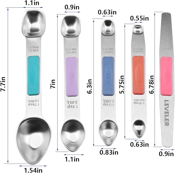 Stainless Steel Magnetic Measuring Spoons Set, Heavy Duty Metal Kitchen Gadgets for Baking & Cooking, Fits in Most Kitchen Spice Jars, Set of 4 with Leveler (Multicolor)