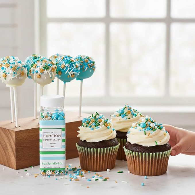 Stars & Pearls White, Blue, Green Sprinkles Mix 4.4 oz, Sprinkles For Cake Decorating, Baking, Ice Cream & More, The Hampton Candy Company