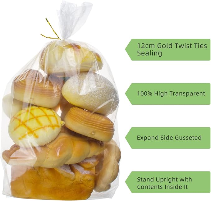 50 Pcs Bread Bags with Ties - 8x18 Inch with 4" Side Gusset Clear Plastic Bakery Bags for Homemade Sourdough, Artisan Loaves, Crusty Bread Storage