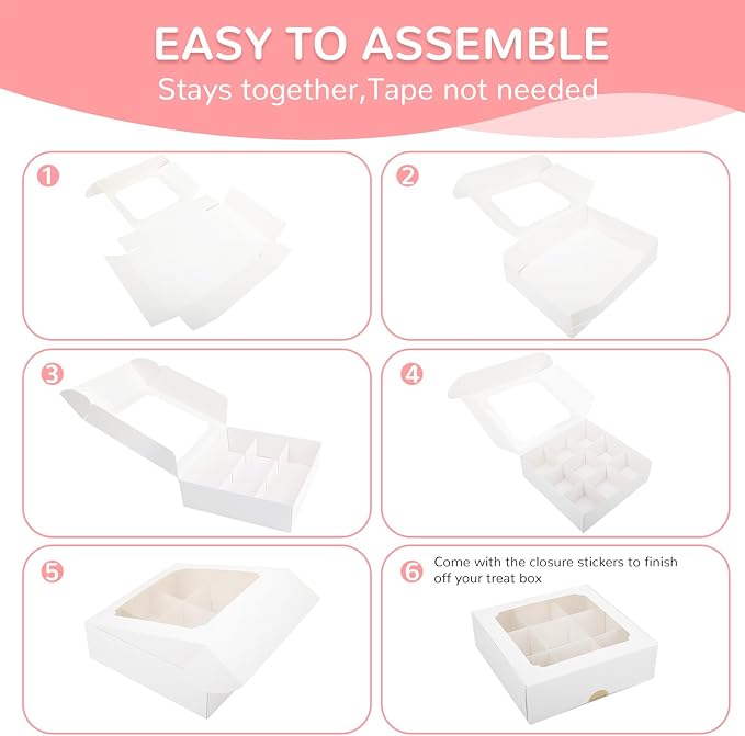 Zealax 9 Inch Bakery Boxes with Window and Dividers Cookie Packaging Treat Boxes for Mini Cupcakes, Chocolate Covered Strawberries, Brownies, and Small Treats for Gift Giving∣Pack of 12, 9x9x2.75 inch