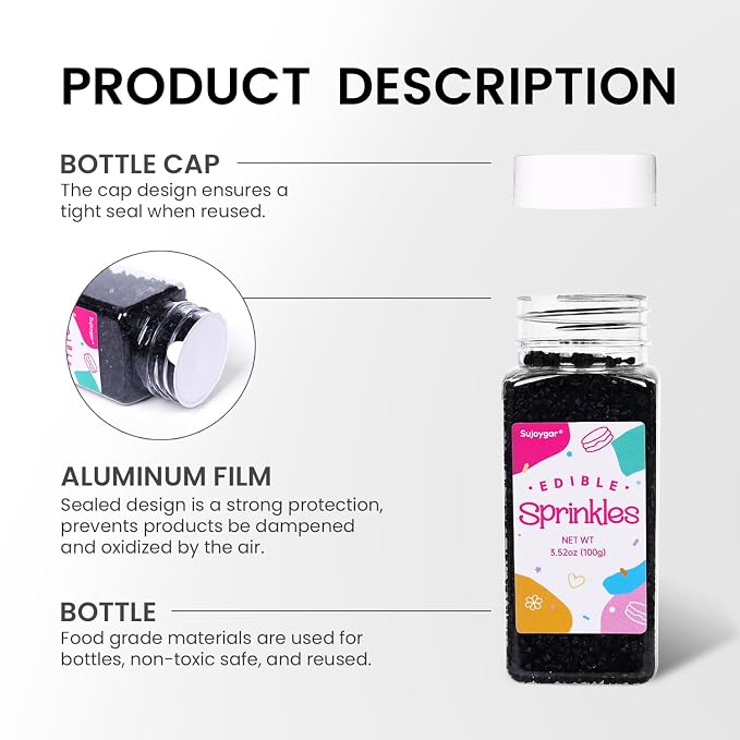 Black Sprinkles for Cake Decorating, 3.52oz Black Sanding Sugar Sprinkles, Edible Glitter Sprinkles for Cupcake Toppers Baking Drinks Cookie Ice Cream Dount Chocolate