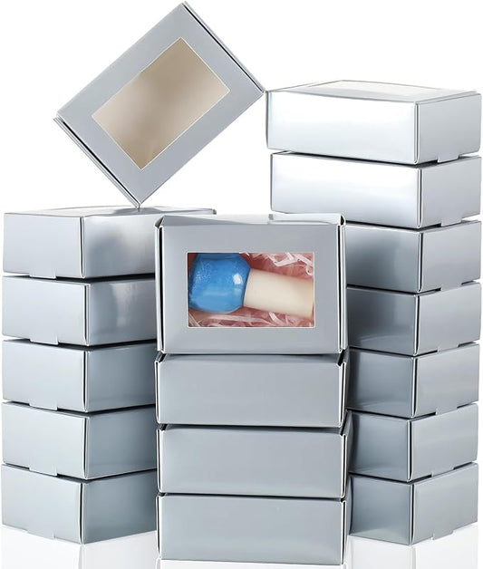 Zonon 30 Pcs Soap Boxes for Homemade Packaging, Mini Kraft Boxes with Window for Bakery Candy Soap Making Gift Packaging, 3.7x2.6x1.4 Inch (Silver)