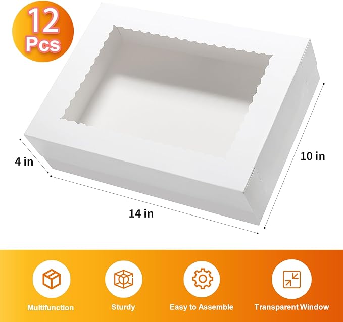 Wowxyz 12pcs 14x10x4 Cake Boxes Rectangle Quarter Sheet 1/4 Sheet Bakery Boxes with Window - Donuts, Pastry Baking Cake, Pie White Cardboard Treat Packaging