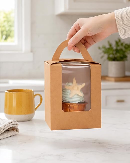 qiqee Auto-pop Brown Cupcake Boxes Individual Disposable 3.7"x3.7"x4.5" 200pcs Cupcake Disposable Single Box with Window