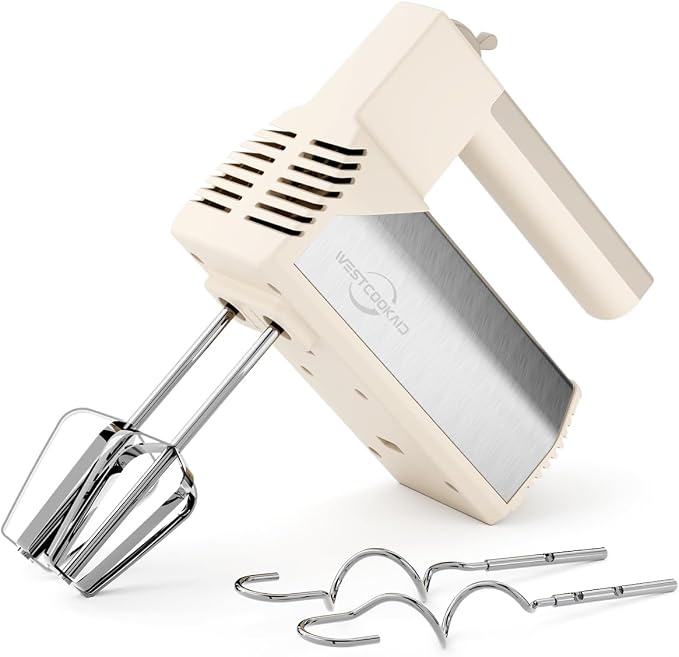 Hand Mixer Electric Handheld, 5-Speed 200W Electric Mixer with Stainless Steel Beaters, Dough Hooks, Portable Hand Mixer, WESTCOOKAID Turbo Ultra Power+ Eject Button for Cakes Eggs, Beige