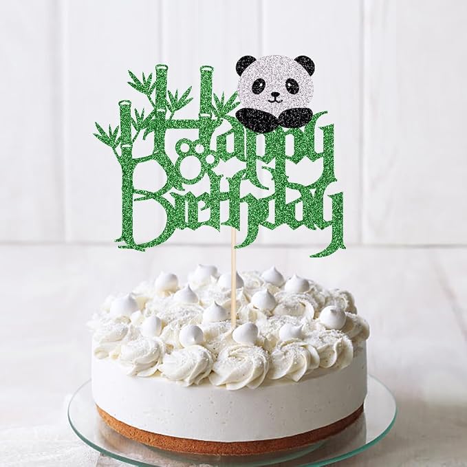 Panda Happy Birthday Cake Topper-Black Panda Bear Bamboo Birthday Cake Decoration Jungle Animals Theme Baby Shower Cake Decoration，Boys Girls Birthday Party Decoration Supplies