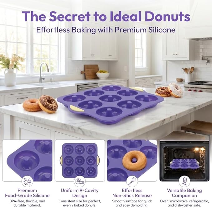 Limen Silicone Donut Baking Mould Tray, 9-Cavity Non-Stick Ring Cake Pan with Center Posts and Dual Side Handles for Oven Baking 11.5x10.12 in(Blue)