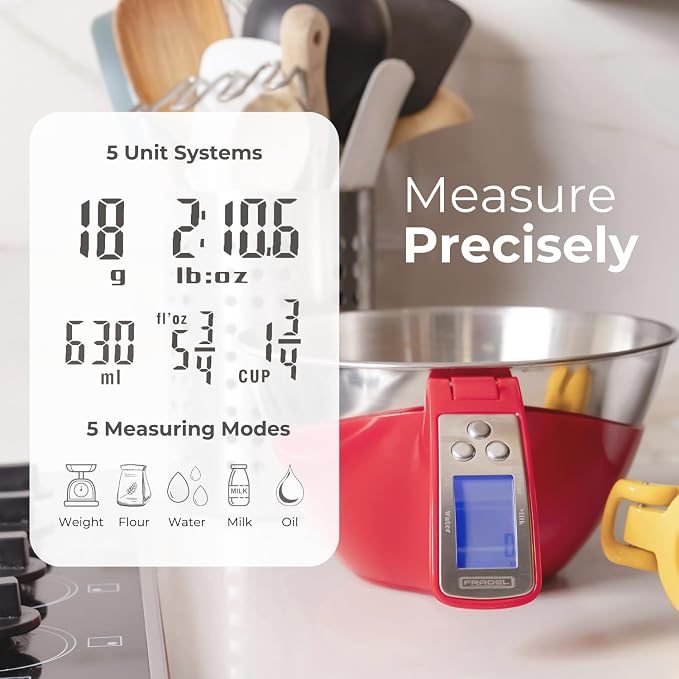 Fradel Digital Kitchen Food Scale with Bowl - 11lb, Grams & Ounces - Removable, Dishwasher-Safe Mixing Bowl - Red