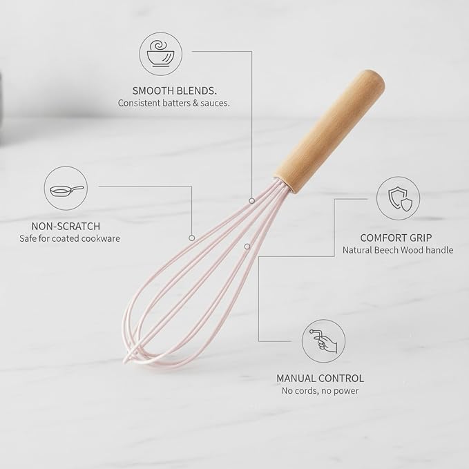 Manual Whisk with Silicone Head and Wood Handle for Coated Cookware (1 PC)