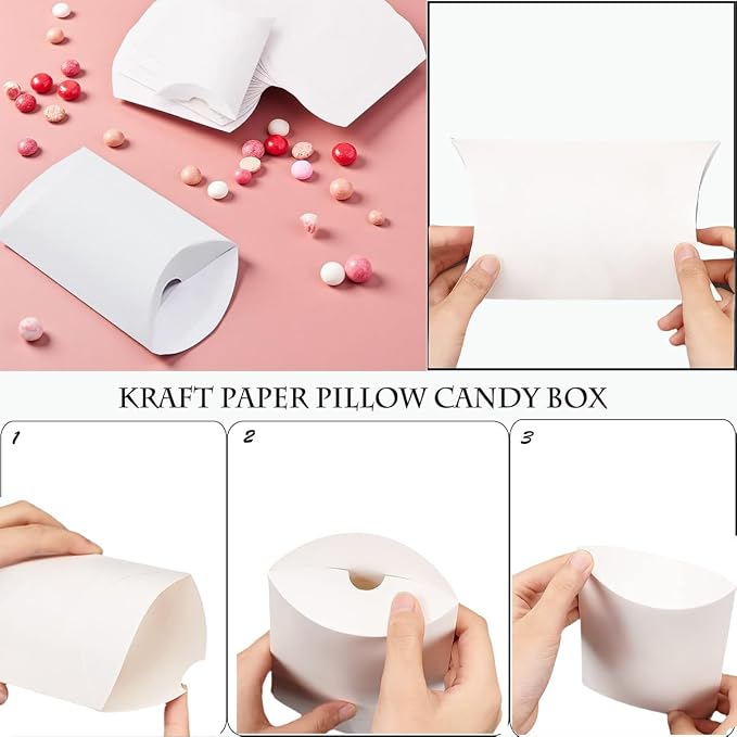 50 Pcs Kraft Paper Pillow Gift Boxes,3.5x2.6 Inch Mini Folding Treat Boxes, Creative Favor Box Folding Treat Boxes for Bakery, Candy, Jewelry, Wedding & Party Favors((White-1)