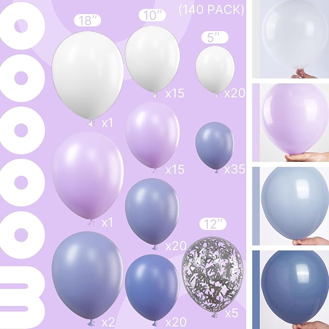 PartyWoo Purple Balloon Arch Kit Garland 140 pcs Shades of Purple Lavender Lilac Balloons Different Sizes of 18 12 10 5 Inch for Baby Shower Butterfly Wedding Birthday Fairy Party Decorations