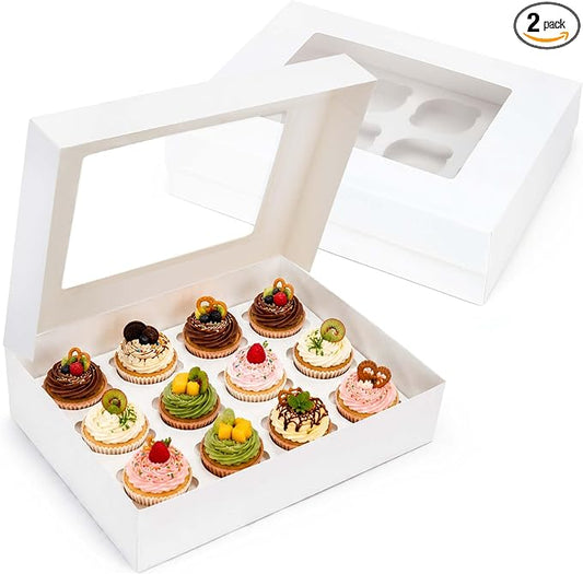 LotFancy 12 Count Cupcake Boxes, 2 Pack, White, 13x10x3.5 Inches | Pre-Folded, Food Grade, BPA Free, Cupcake Containers Holders for Birthday Holiday Party Bakery Supplies