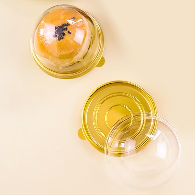 Clear Plastic Mini Cake Container, Round Cupcake Mooncake Dessert Boxes Muffin Pod Dome Muffin Single Container Box with a Transparent Lid for Wedding Birthday Party (Gold, 20pc)