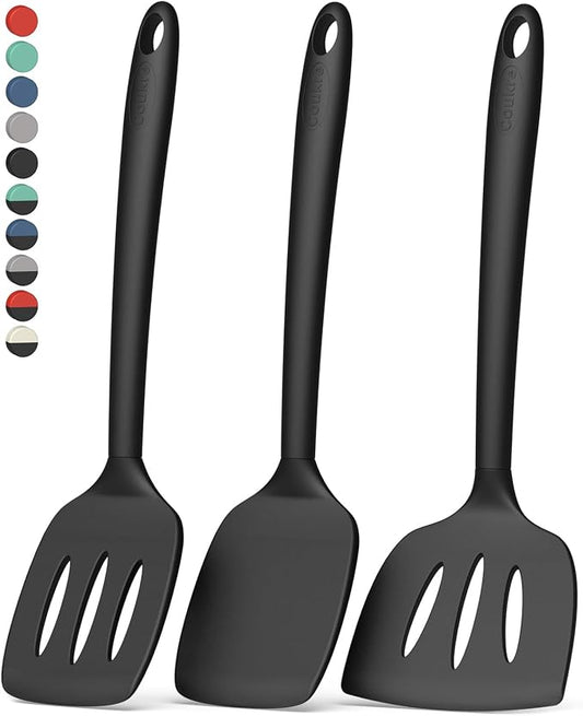 Coukre 3 Pack Silicone Spatula Set, High Heat Resistant, BPA-Free, Fish Spatula, Solid & Slotted Turner for Non-Stick Pans, Flipping Eggs, Pancakes, Fish, Burgers (3, PureBlack)