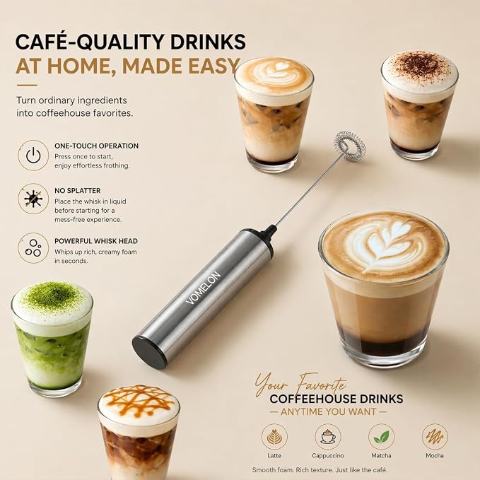 Rechargeable Milk Frother Handheld Electric Frother Wand Milk Foamer Drink Mixer for Coffee, Lattes, Cappuccino, and Egg, Stainless Steel for Travel-Silver