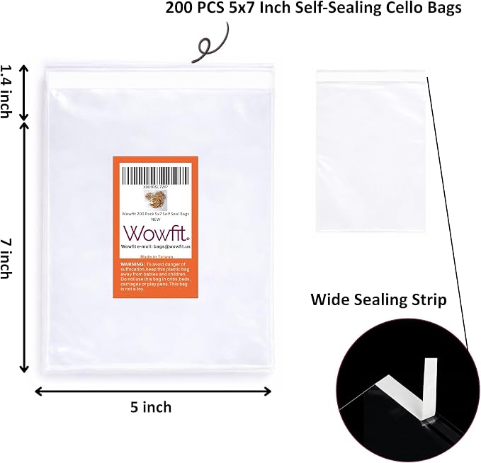 Wowfit 200 Count 5x7 Inch Clear Cellophane Plastic Bags, Resealable Self-Sealing Cello Bags Good for Cookies, Decorative Wrappers, Party Favors, Candy and More